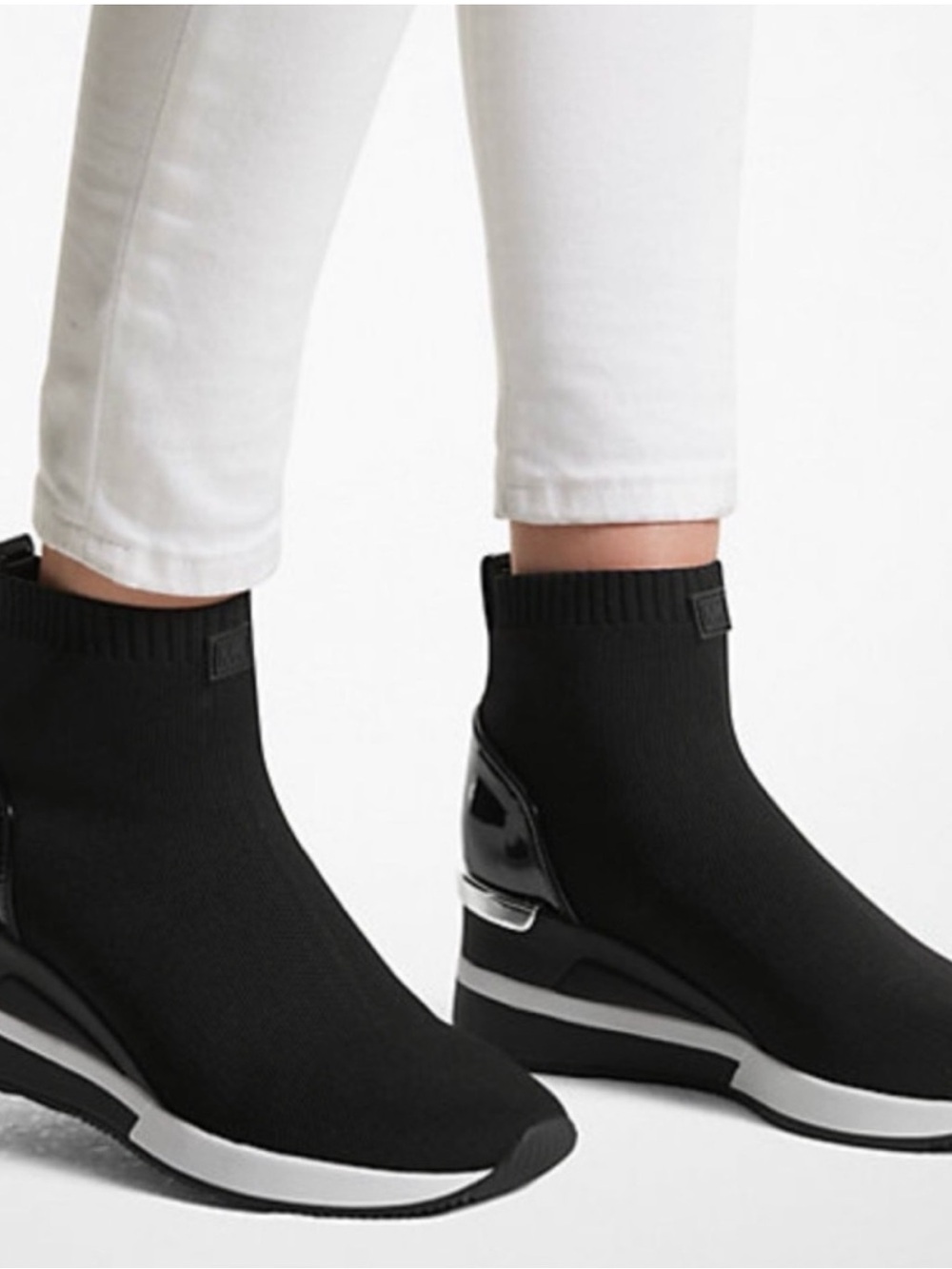 MICHAEL Michael Kors Black Knit Sock Wedge Sneakers with Metallic Heel